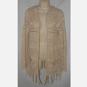 Marled Tan Jr Sz XL Lightweight Flyaway Open Hooded Fringed Sweater with Pockets